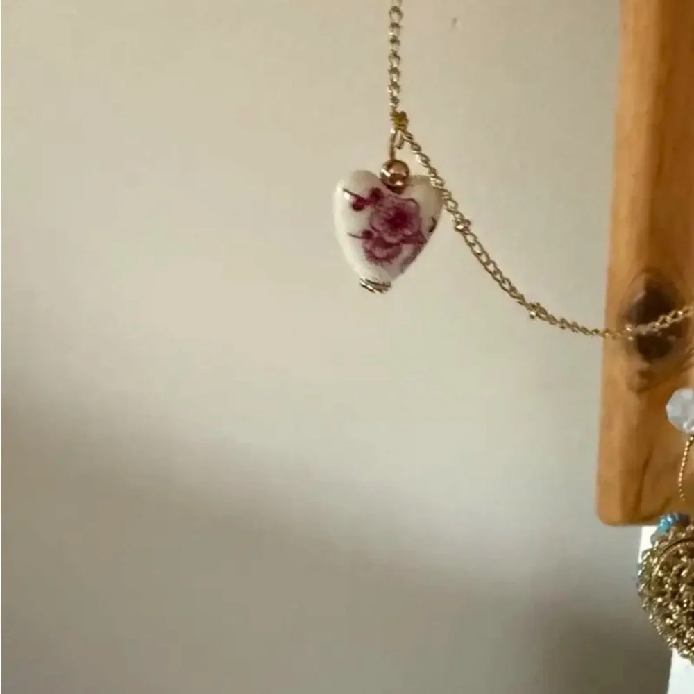 NEW Pink Toile Porcelain Heart Pendant Gold Necklace